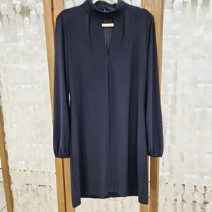 White House Black Market Mock Neck Shift Dress Long Bishop Sleeve Size 12 LBD